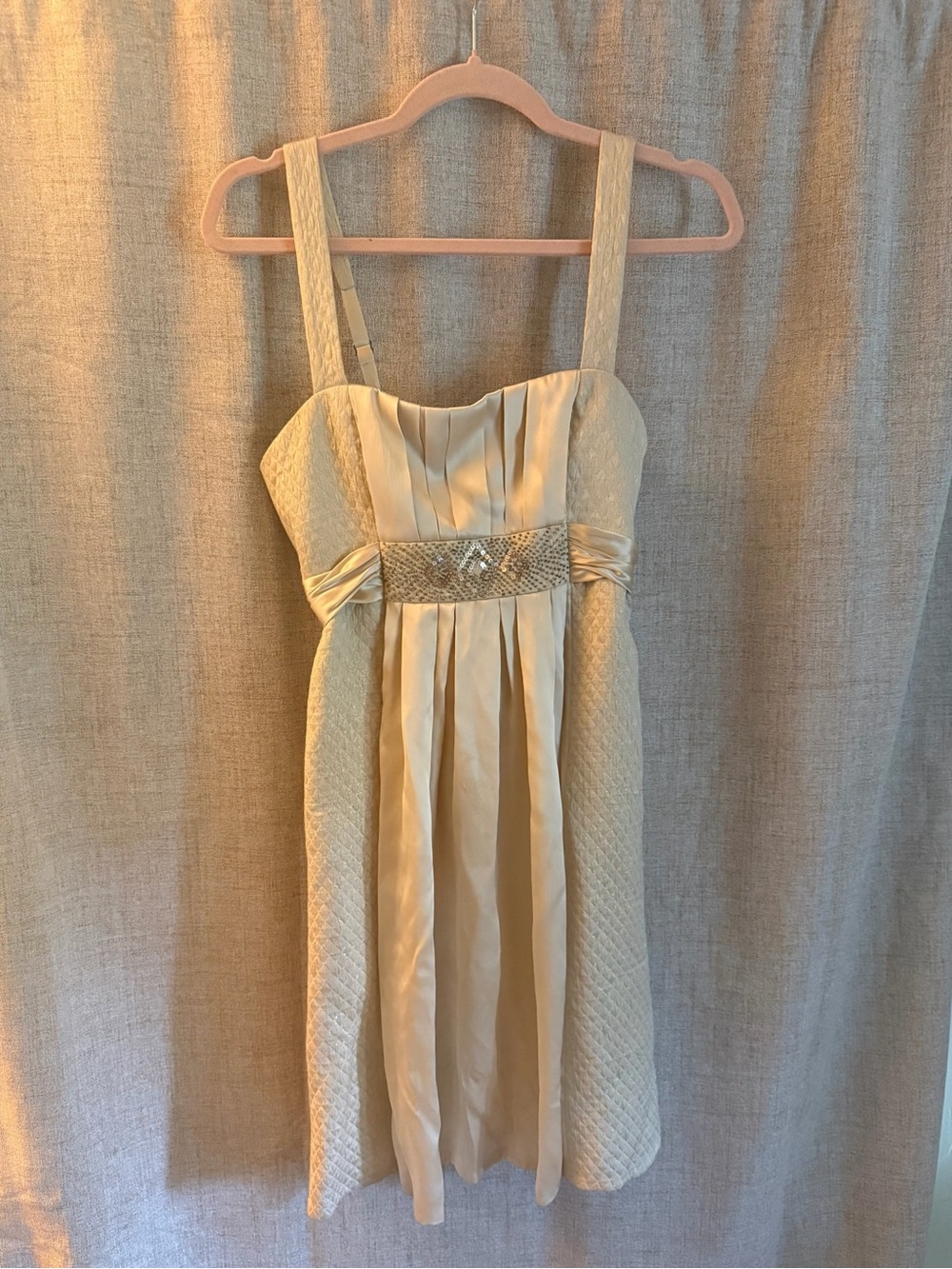 Silk BCBGMaxAzria Ivory Satin Pleated Dress with Beaded Waistband - Picture 8 of 10